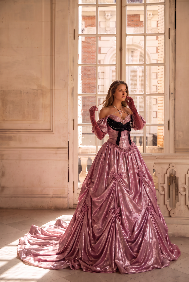 Prom Dress Pink Ball Gown with Draped Skirt – Pink Tulle Ball Gown with Black Velvet Bow and Corset Bodice Plus Size