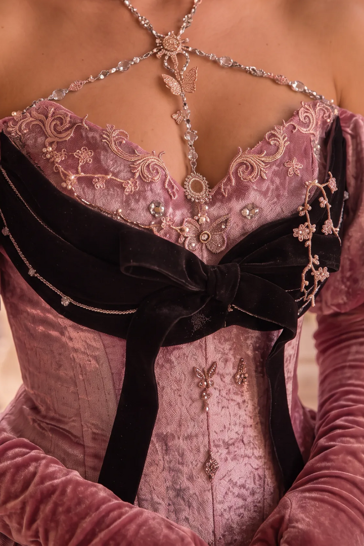 Prom Dress Pink Ball Gown with Draped Skirt – Pink Tulle Ball Gown with Black Velvet Bow and Corset Bodice Plus Size