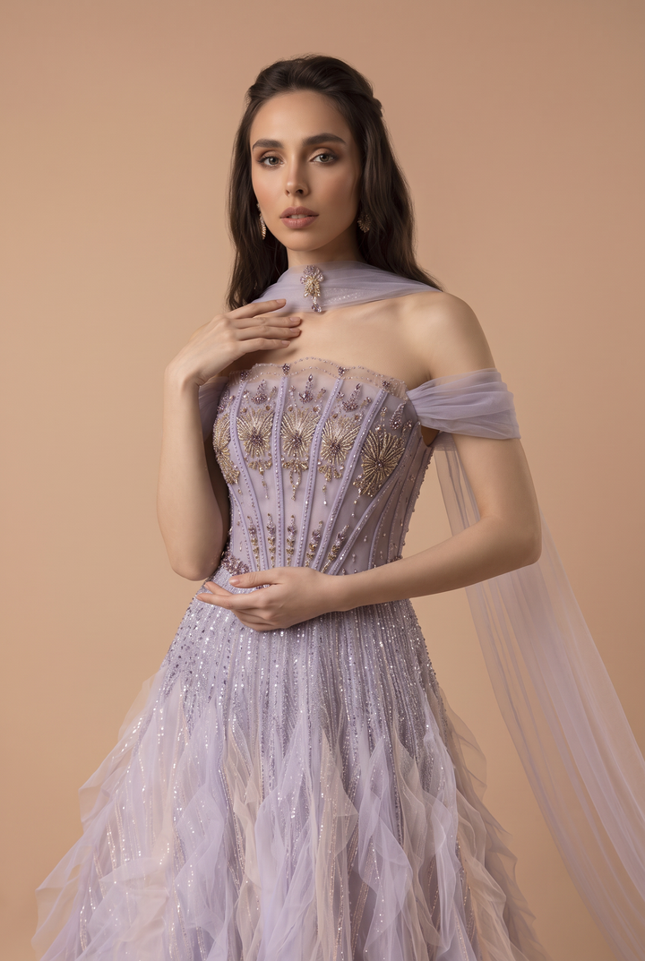 Purple Wedding Dress Beaded Off Shoulder Tulle Ball Gown with Draped Sleeves Plus Size