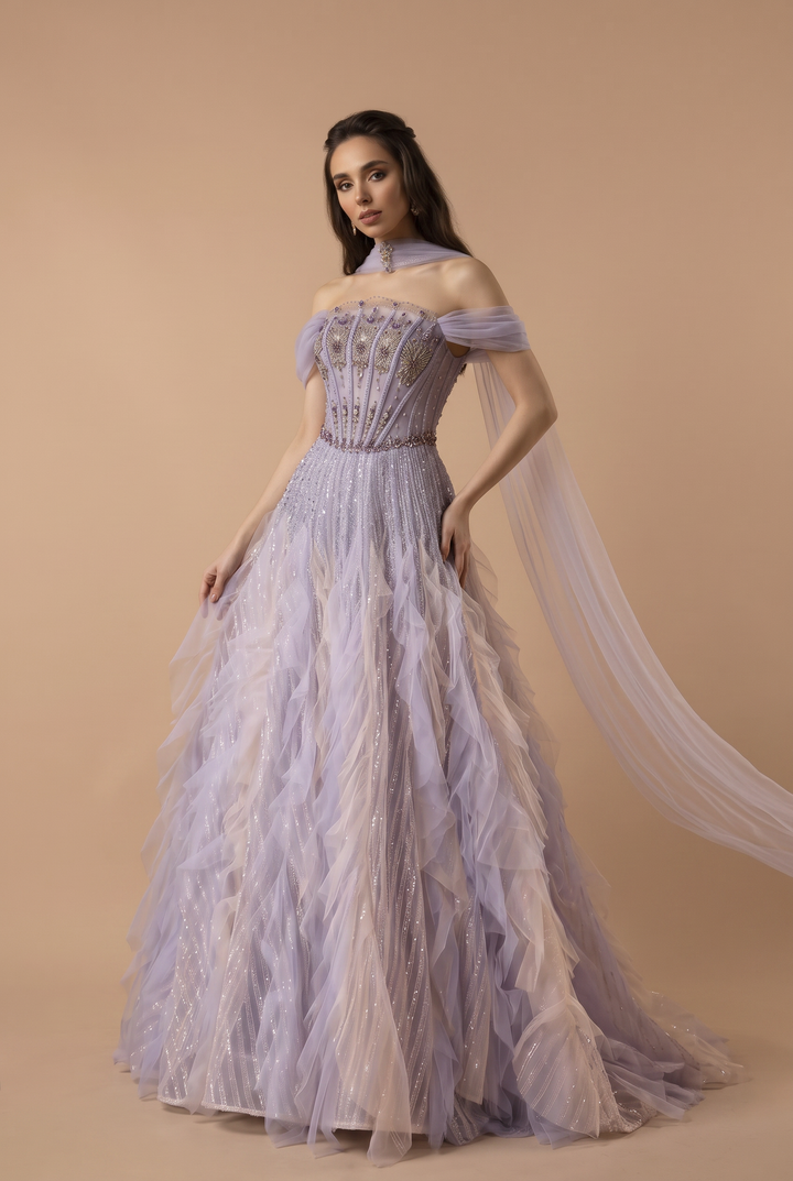 Purple Wedding Dress Beaded Off Shoulder Tulle Ball Gown with Draped Sleeves Plus Size