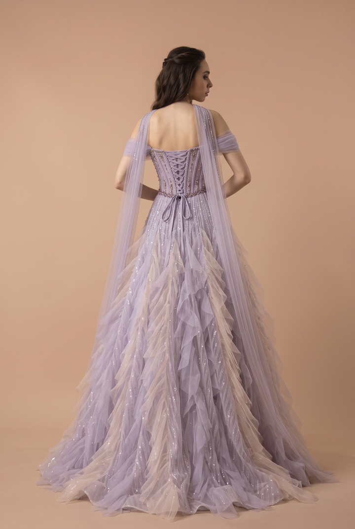Purple Wedding Dress Beaded Off Shoulder Tulle Ball Gown with Draped Sleeves Plus Size