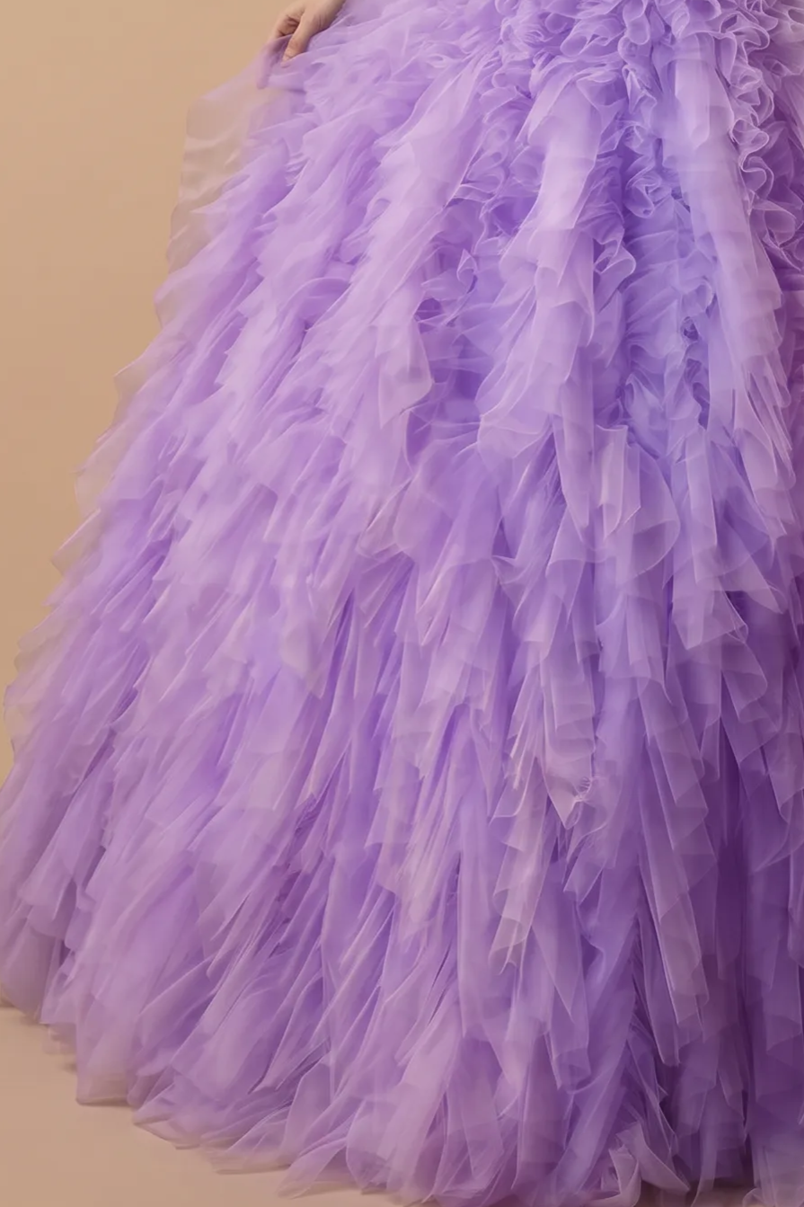 Purple Ball Gown with Layered Tulle Skirt - Corset Tulle Dress with Strapless - Layered Tulle Ruffle Dress Plus Size