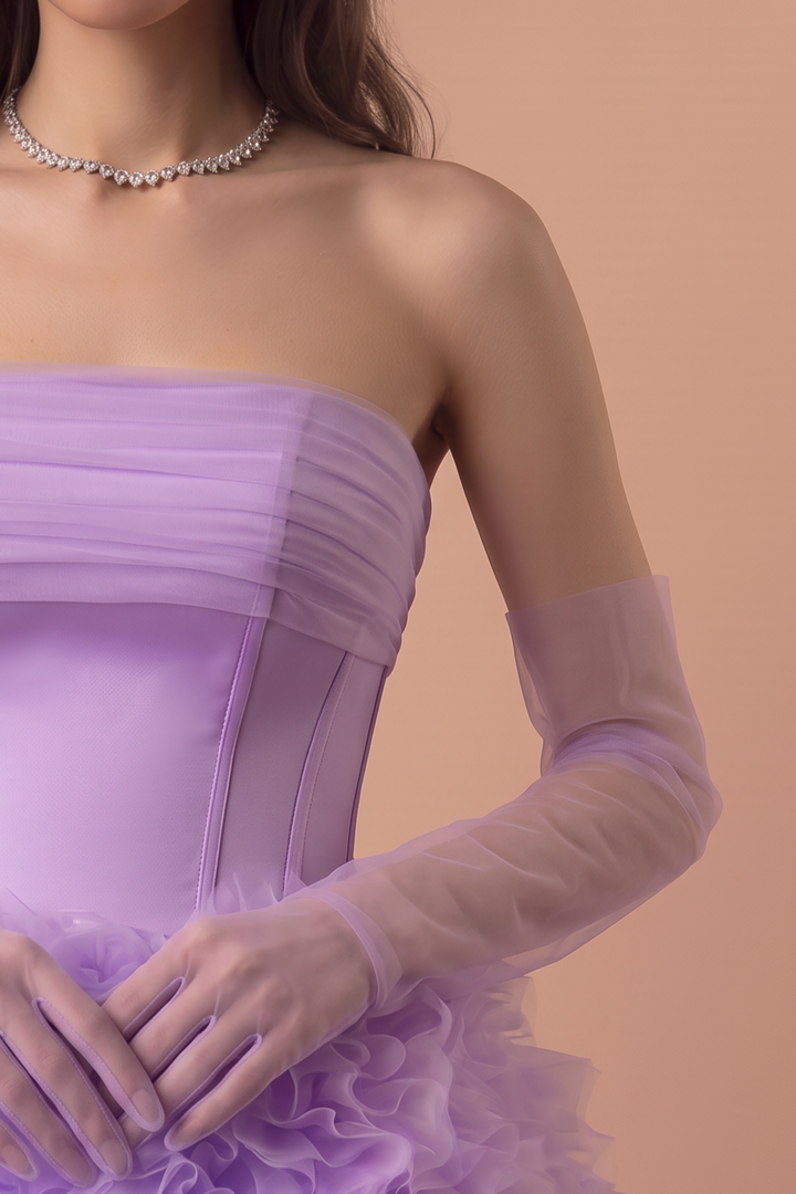 Purple Ball Gown with Layered Tulle Skirt - Corset Tulle Dress with Strapless - Layered Tulle Ruffle Dress Plus Size