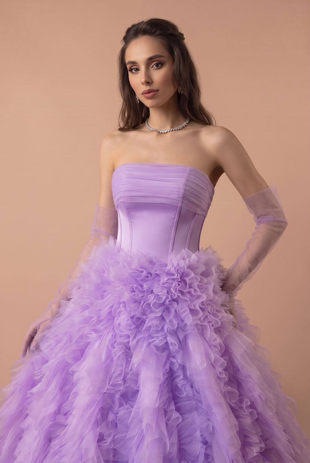 Purple Ball Gown with Layered Tulle Skirt - Corset Tulle Dress with Strapless - Layered Tulle Ruffle Dress Plus Size