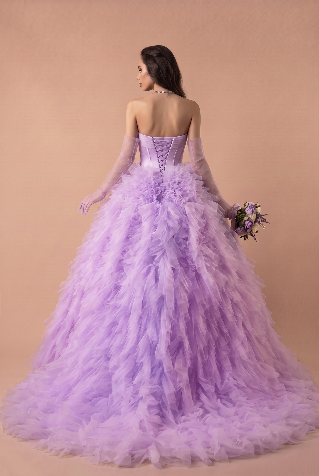 Purple Ball Gown with Layered Tulle Skirt - Corset Tulle Dress with Strapless - Layered Tulle Ruffle Dress Plus Size
