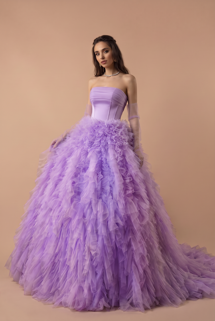 Purple Ball Gown with Layered Tulle Skirt - Corset Tulle Dress with Strapless - Layered Tulle Ruffle Dress Plus Size