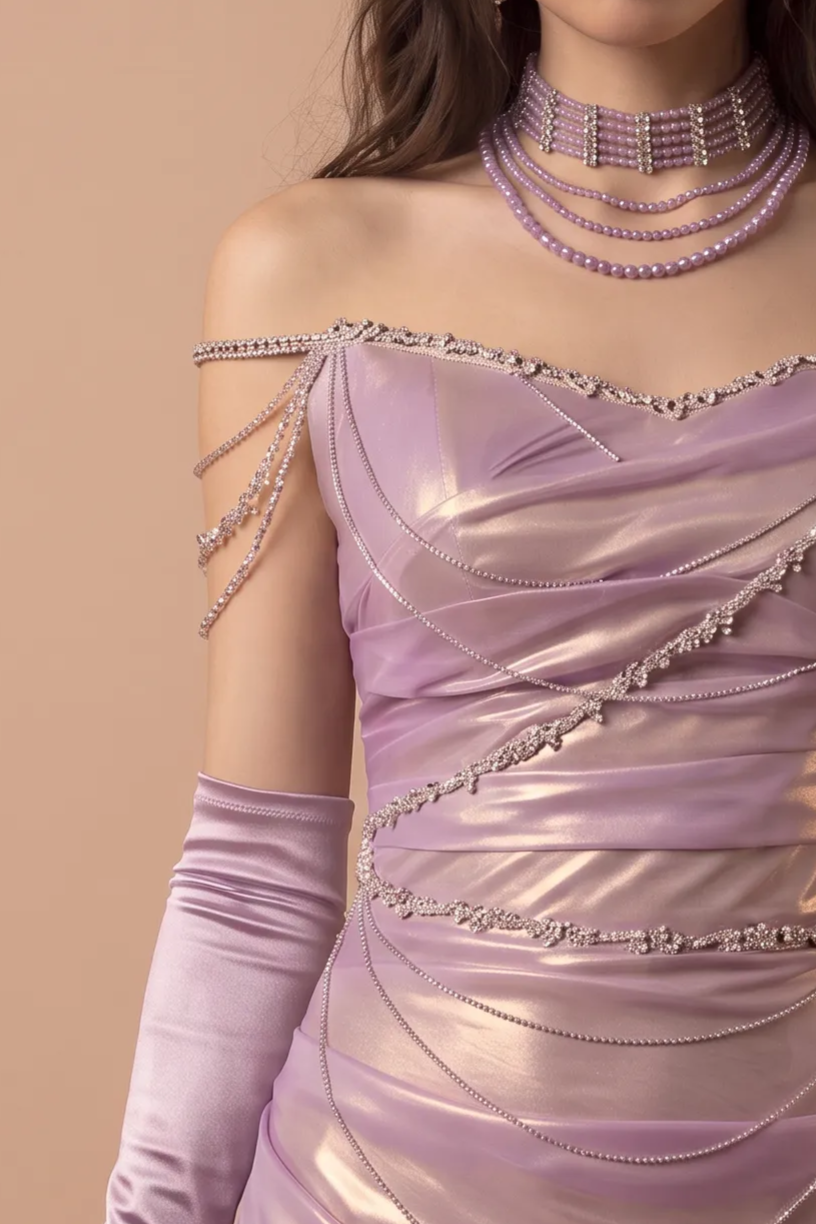 Purple Mermaid Evening Gown with Glitter Accents – Strapless Glitter Dress with Elegant Draping – Purple Evening Dress with Corset Back Plus Size