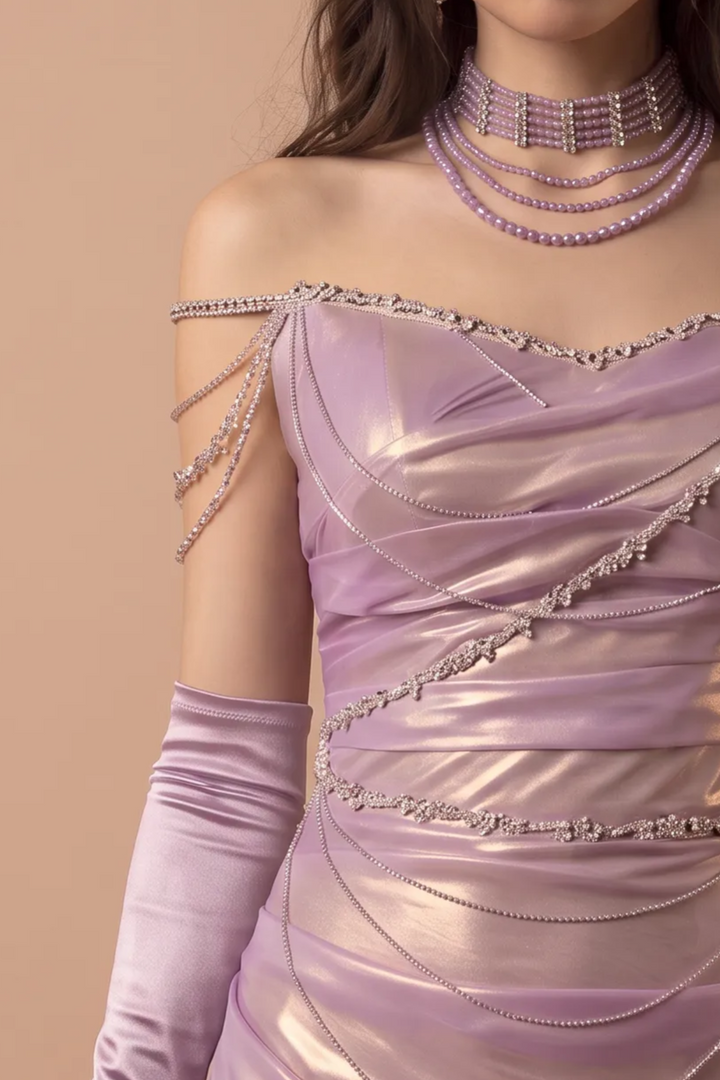 Purple Mermaid Evening Gown with Glitter Accents – Strapless Glitter Dress with Elegant Draping – Purple Evening Dress with Corset Back Plus Size