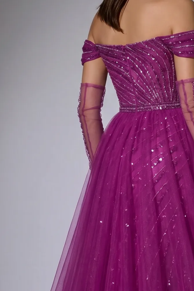 Purple Off-Shoulder Sequin Dress and Elegant Glitter Evening Gown - Convertible Tulle Evening Drss Plus Size