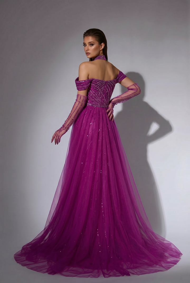 Purple Off-Shoulder Sequin Dress and Elegant Glitter Evening Gown - Convertible Tulle Evening Drss Plus Size