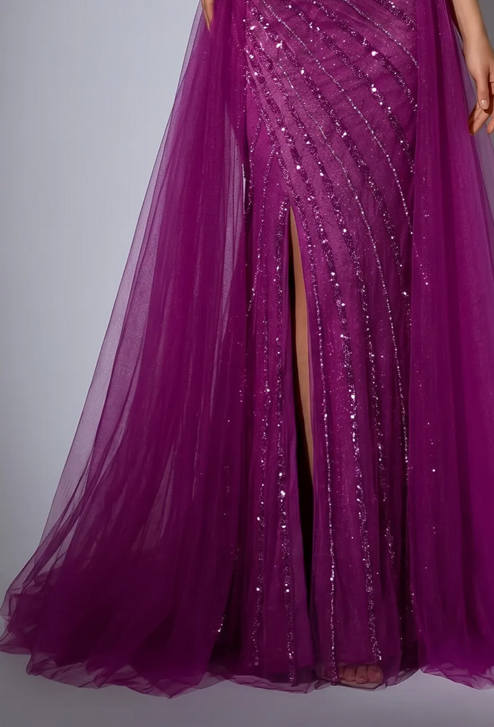 Purple Off-Shoulder Sequin Dress and Elegant Glitter Evening Gown - Convertible Tulle Evening Drss Plus Size