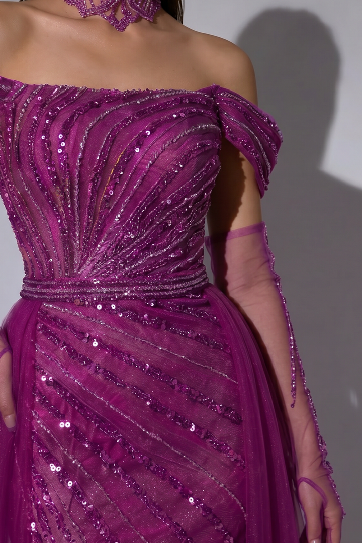 Purple Off-Shoulder Sequin Dress and Elegant Glitter Evening Gown - Convertible Tulle Evening Drss Plus Size