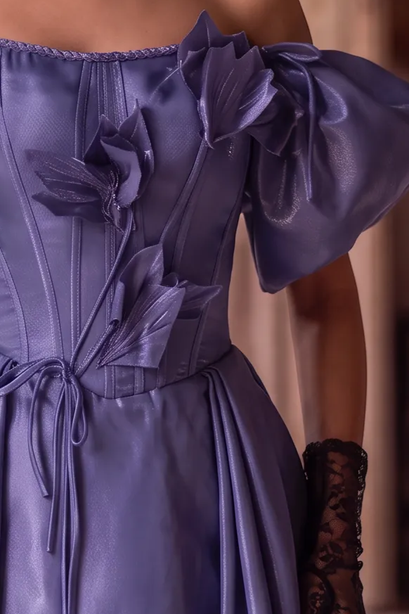 Purple Off the Shoulder Evening Dress with Floral Appliqué – Satin Evening Gown with Lace-Up Back Plus Size
