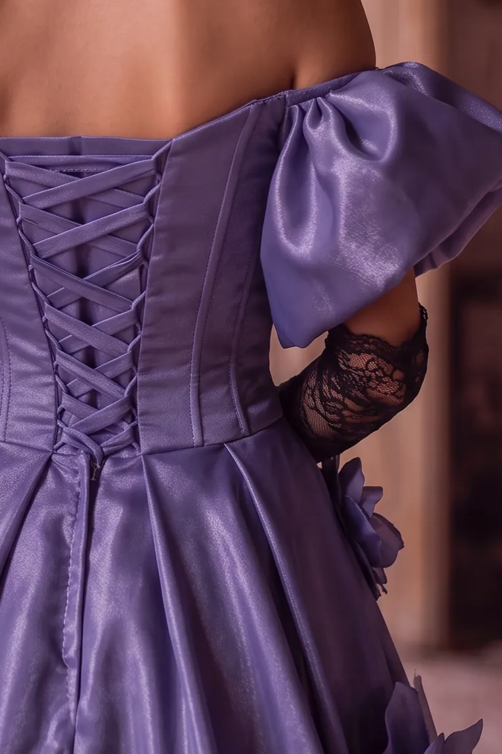 Purple Off the Shoulder Evening Dress with Floral Appliqué – Satin Evening Gown with Lace-Up Back Plus Size