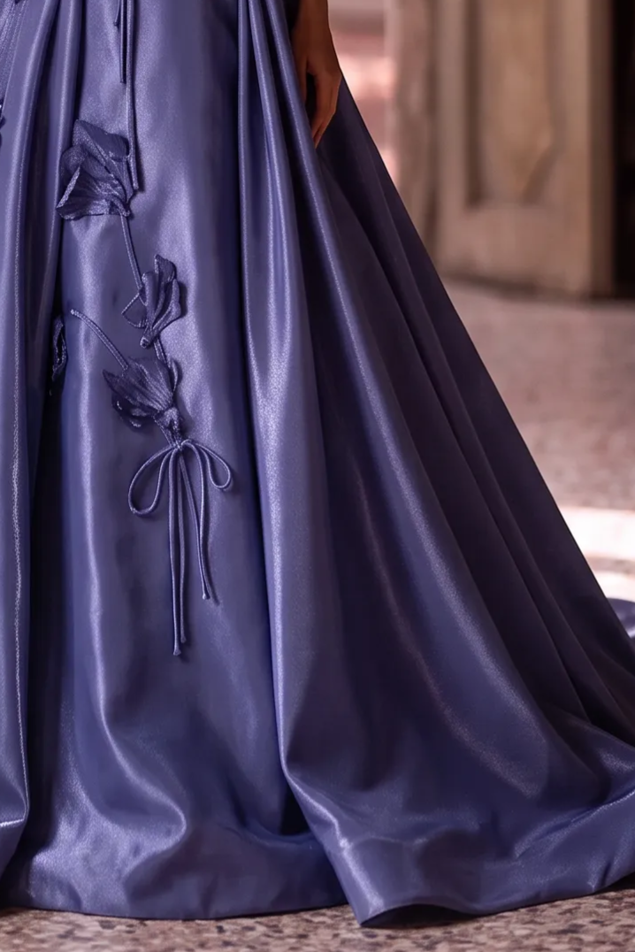 Purple Off the Shoulder Evening Dress with Floral Appliqué – Satin Evening Gown with Lace-Up Back Plus Size