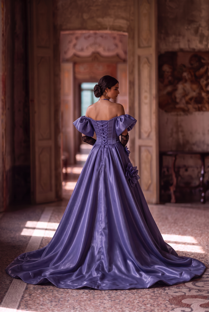 Purple Off the Shoulder Evening Dress with Floral Appliqué – Satin Evening Gown with Lace-Up Back Plus Size