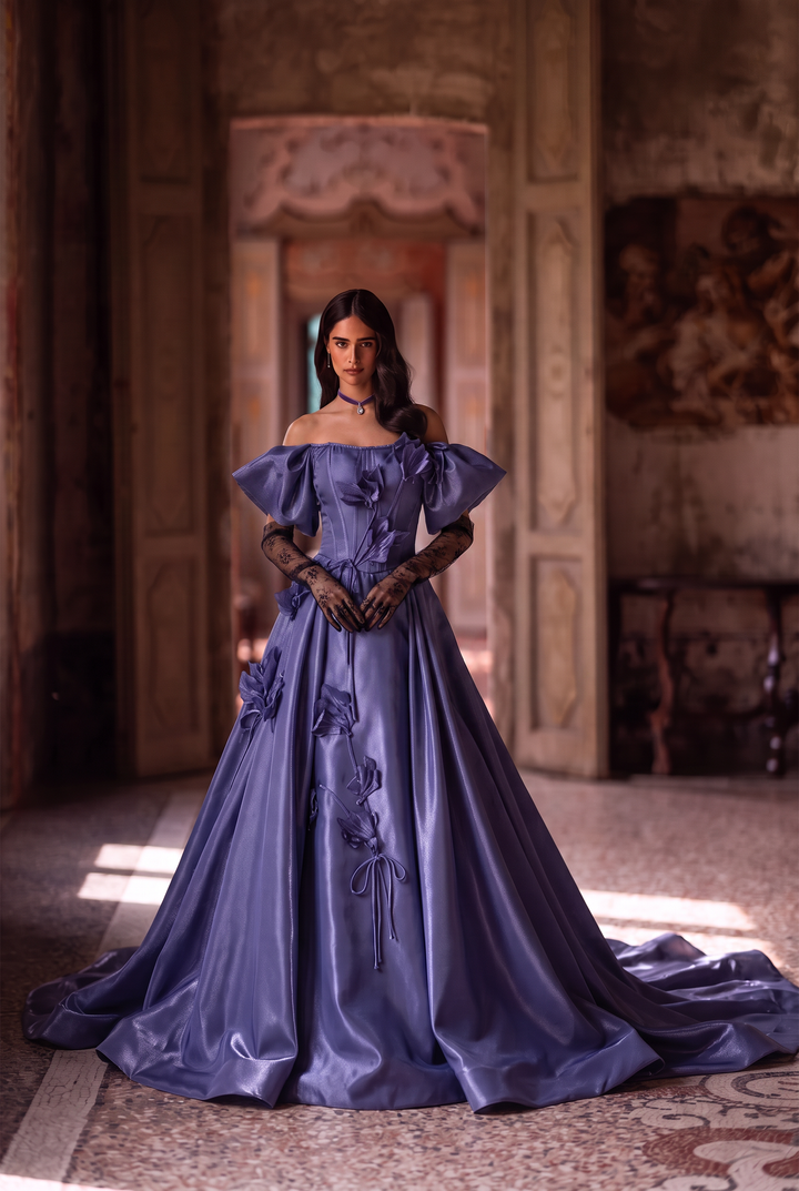 Purple Off the Shoulder Evening Dress with Floral Appliqué – Satin Evening Gown with Lace-Up Back Plus Size