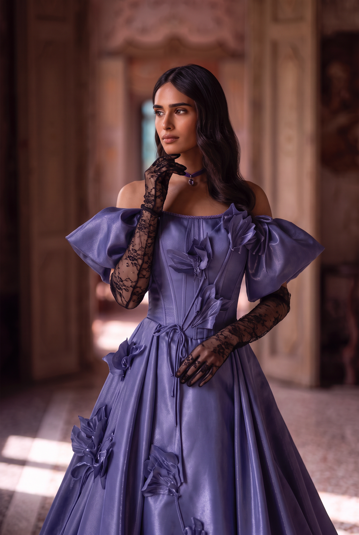 Purple Off the Shoulder Evening Dress with Floral Appliqué – Satin Evening Gown with Lace-Up Back Plus Size