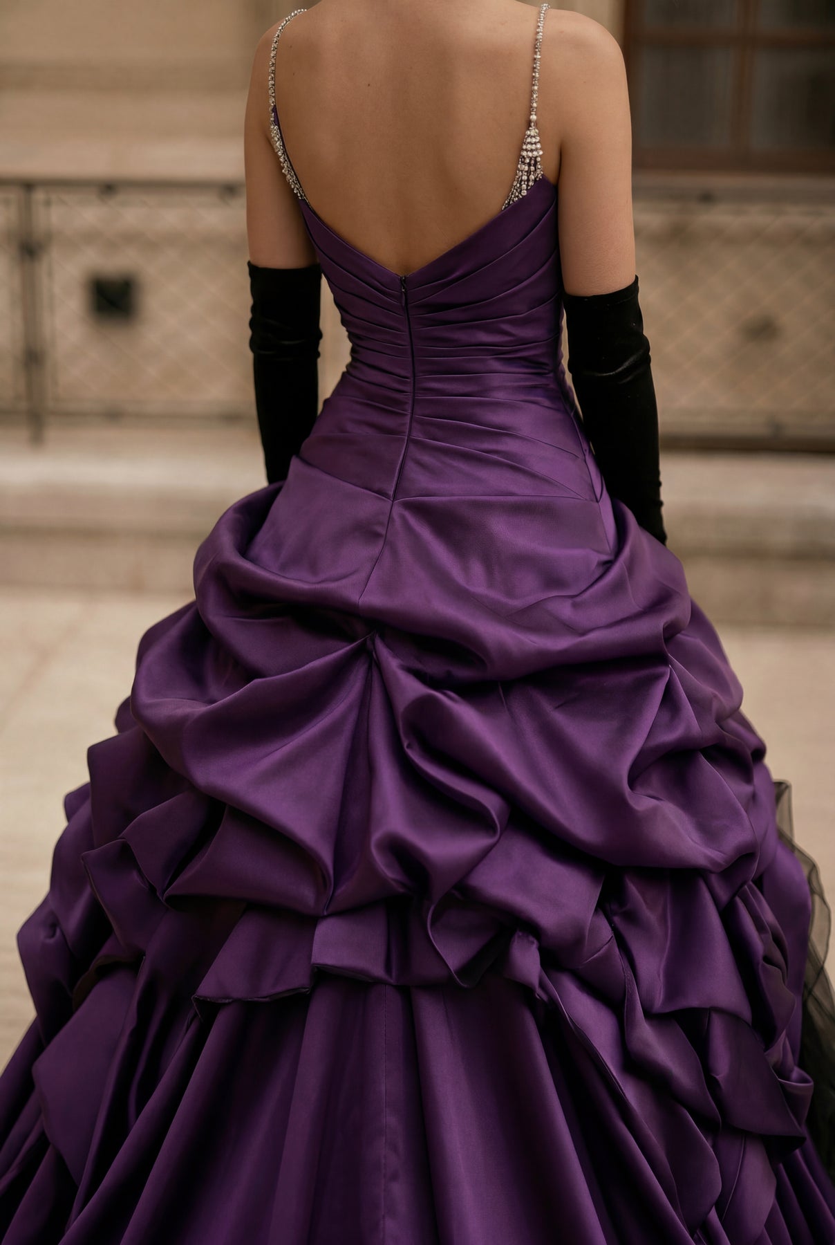 Unique Strapless Beaded Gothic Black and Purple Wedding Dress