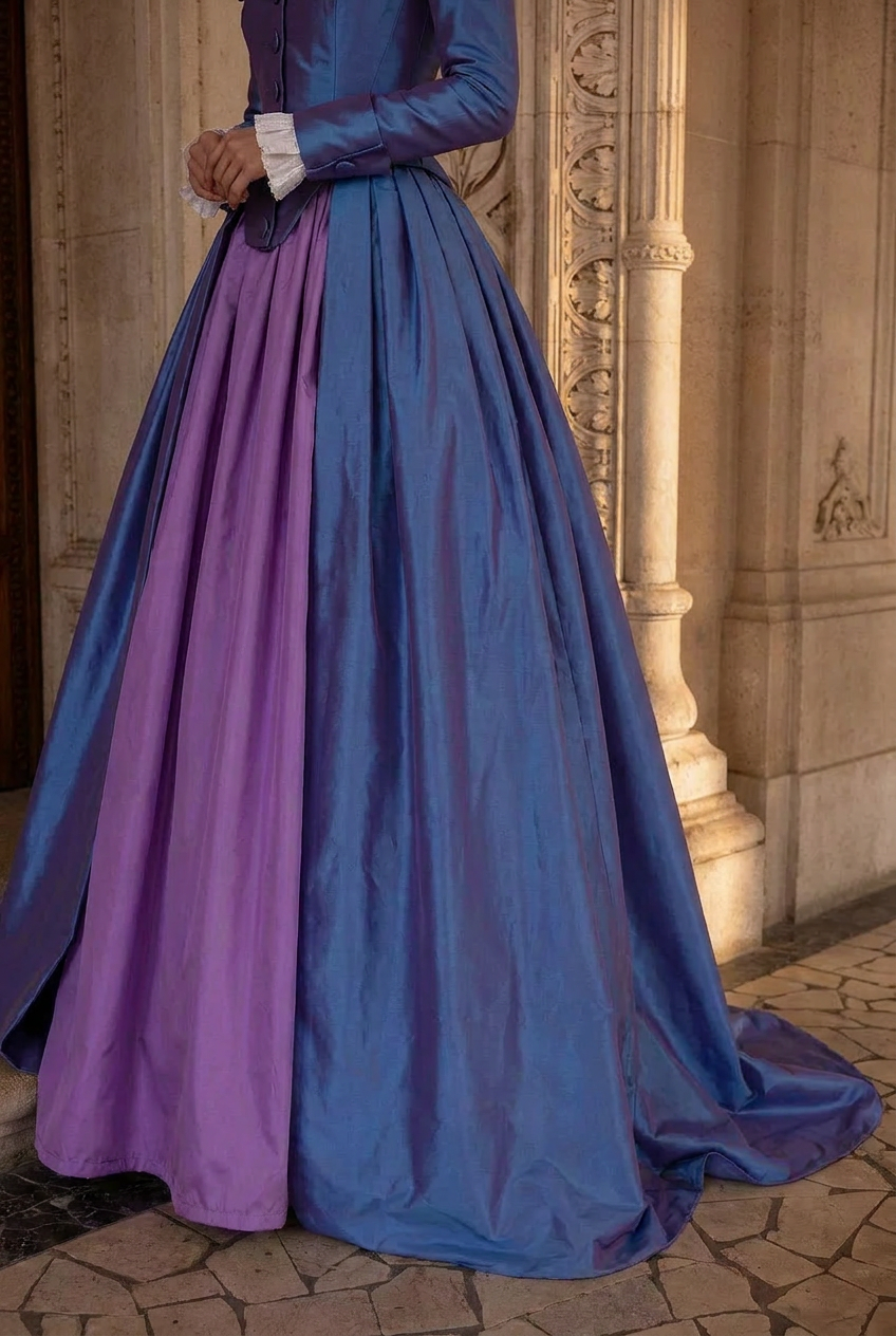 Royal Blue and Purple Rococo Ball Gown with Victorian Collar – Vintage Wedding Dress with Long Sleeves and Floral Embellishments Plus Size Size 18W /