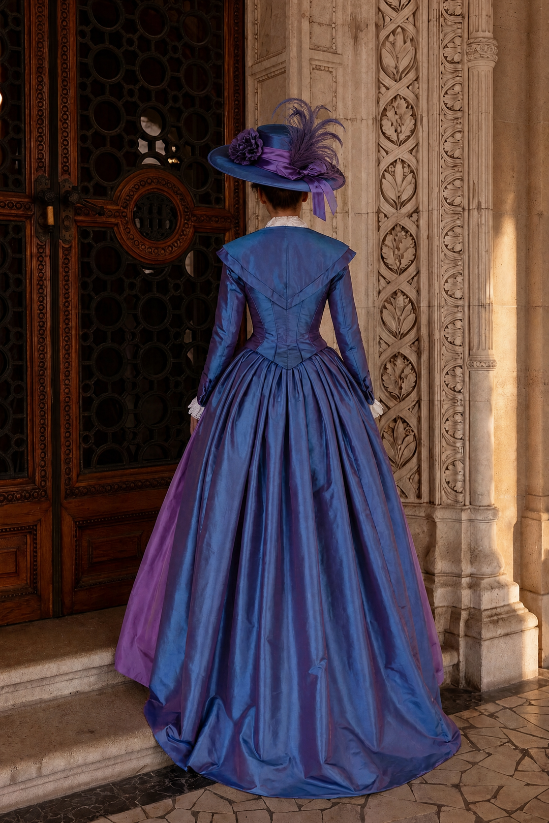 royal blue and purple wedding dress Royal Blue and Purple Rococo Ball Gown with Victorian Collar – Vintage Wedding Dress with Long Sleeves and Floral Embellishments Plus Size