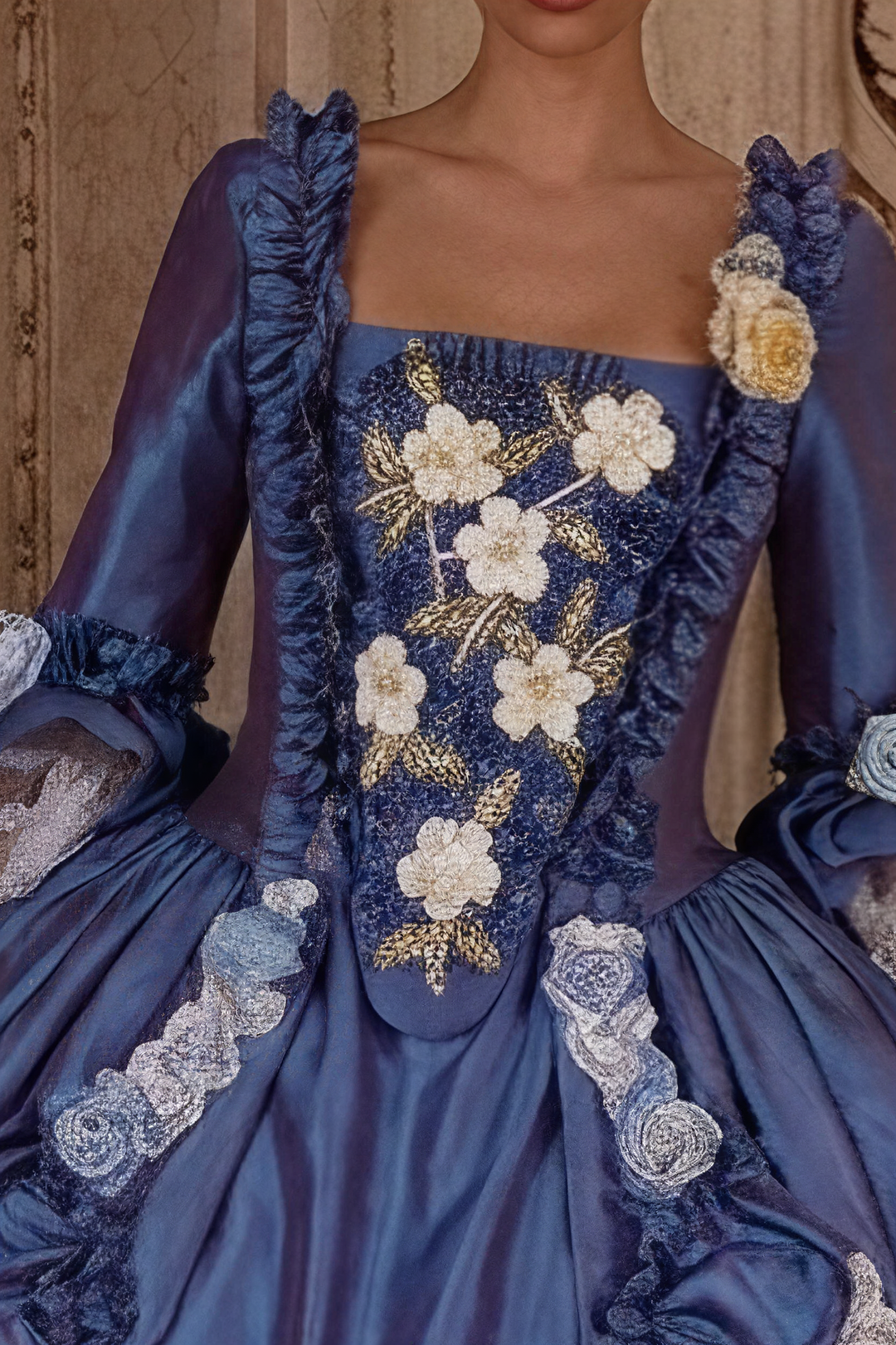 Royal Blue Rococo Ball Gown with Floral Lace and Ruffled Detailing – Victorian-Inspired Wedding Dress with Long Sleeves Plus Size