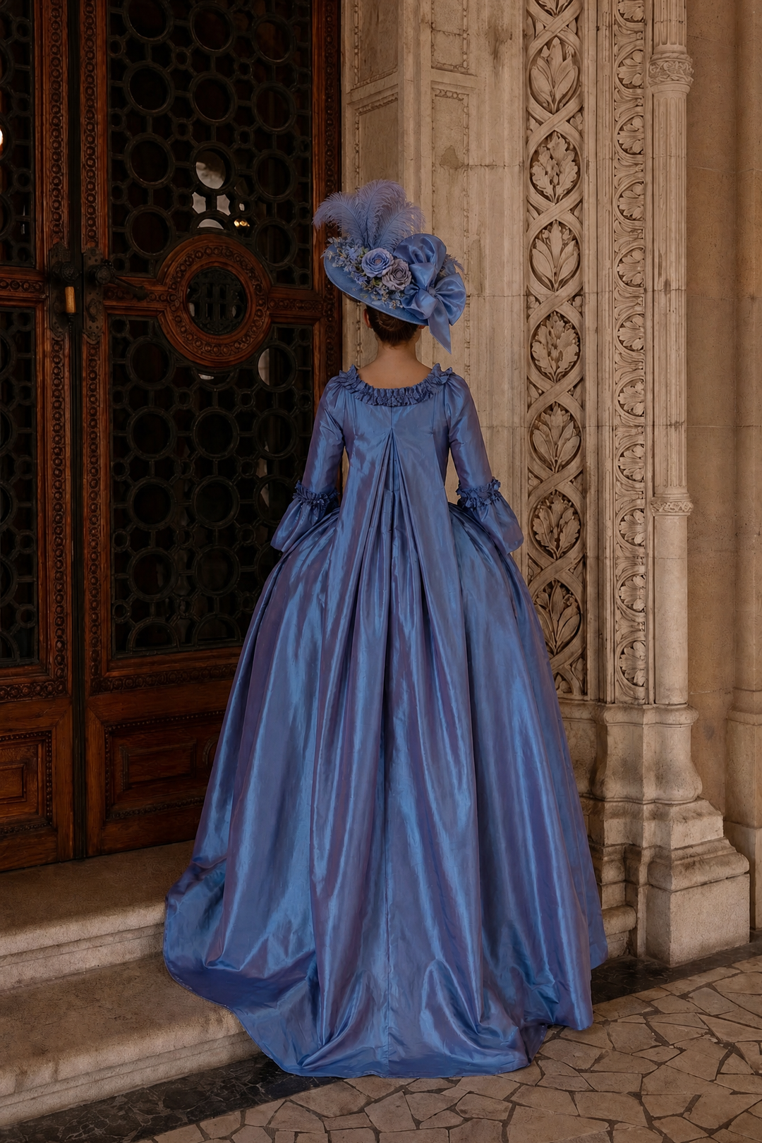 Royal Blue Rococo Ball Gown with Floral Lace and Ruffled Detailing – Victorian-Inspired Wedding Dress with Long Sleeves Plus Size