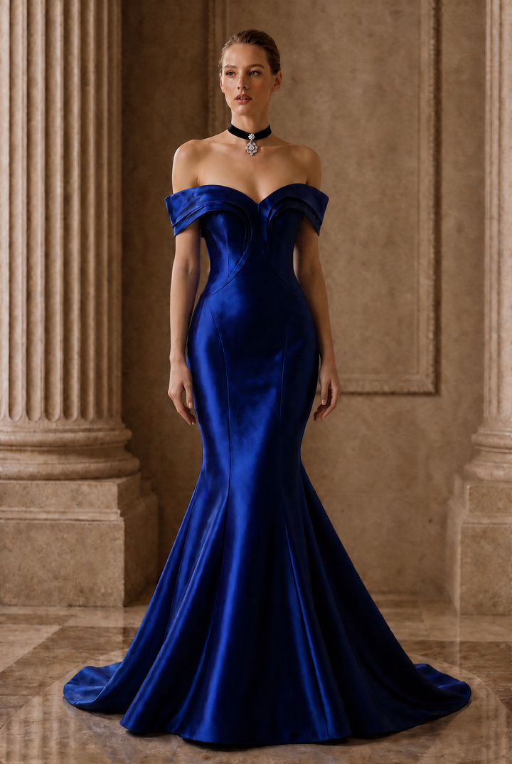 Royal Blue Satin Mermaid Gown with Sculpted Off Shoulder Corset Bodice Luxury Regal Evening Dress Couture Formal Gown Plus Size