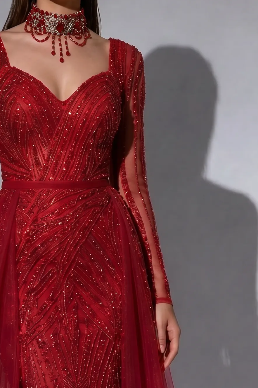 Red Beaded Evening Gown with Long Illusion Sleeves, Detachable Overskirt and Crystal Choker – Formal Dress Plus Size