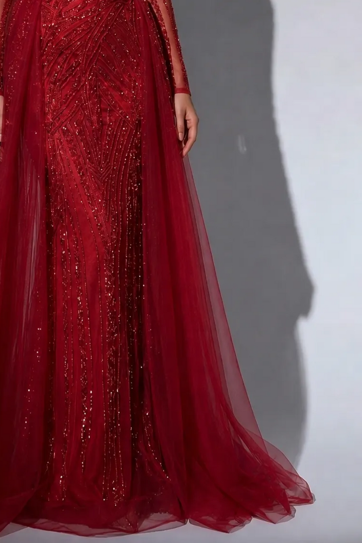 Red Beaded Evening Gown with Long Illusion Sleeves, Detachable Overskirt and Crystal Choker – Formal Dress Plus Size