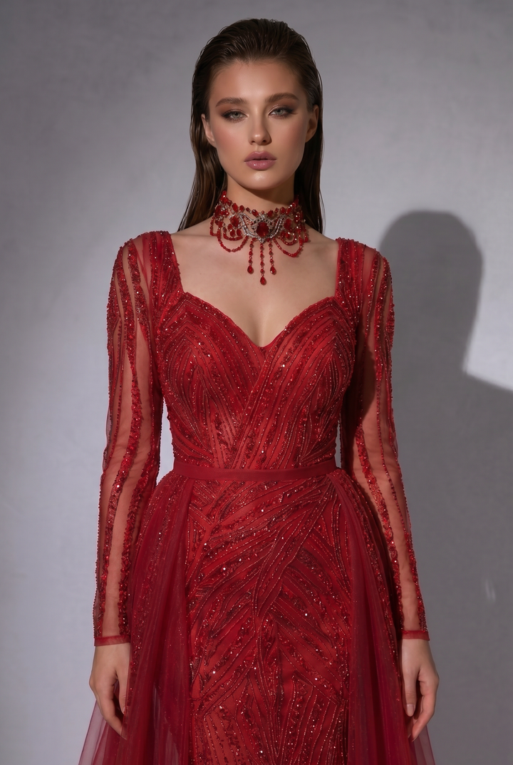 Red Beaded Evening Gown with Long Illusion Sleeves, Detachable Overskirt and Crystal Choker – Formal Dress Plus Size