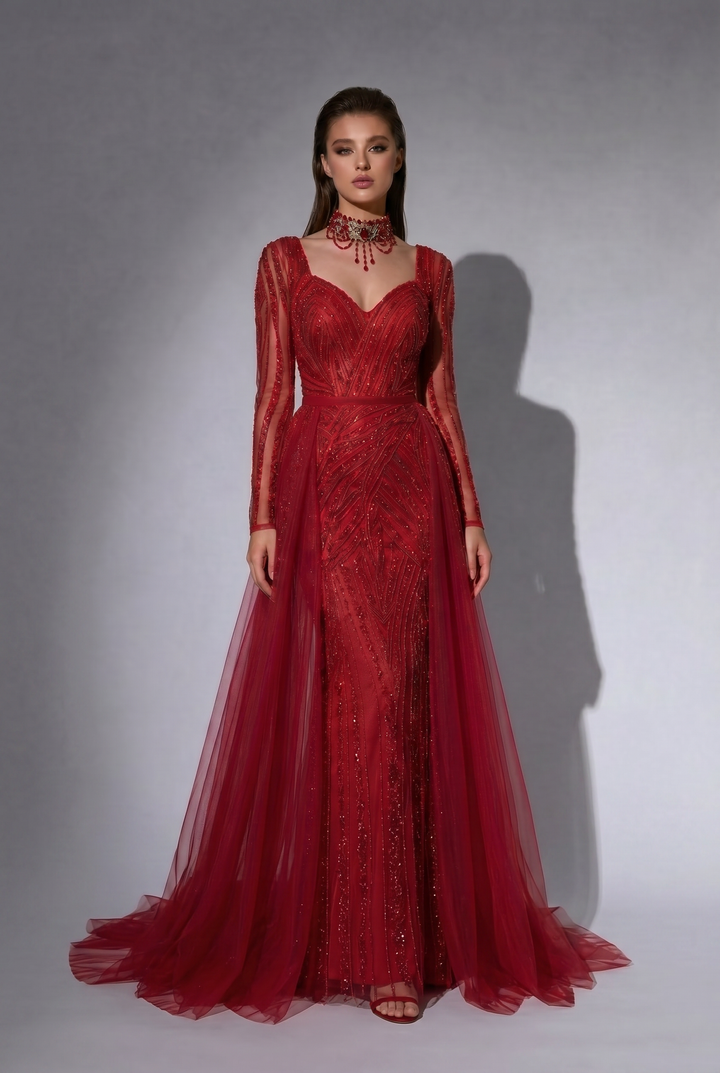 Red Beaded Evening Gown with Long Illusion Sleeves, Detachable Overskirt and Crystal Choker – Formal Dress Plus Size