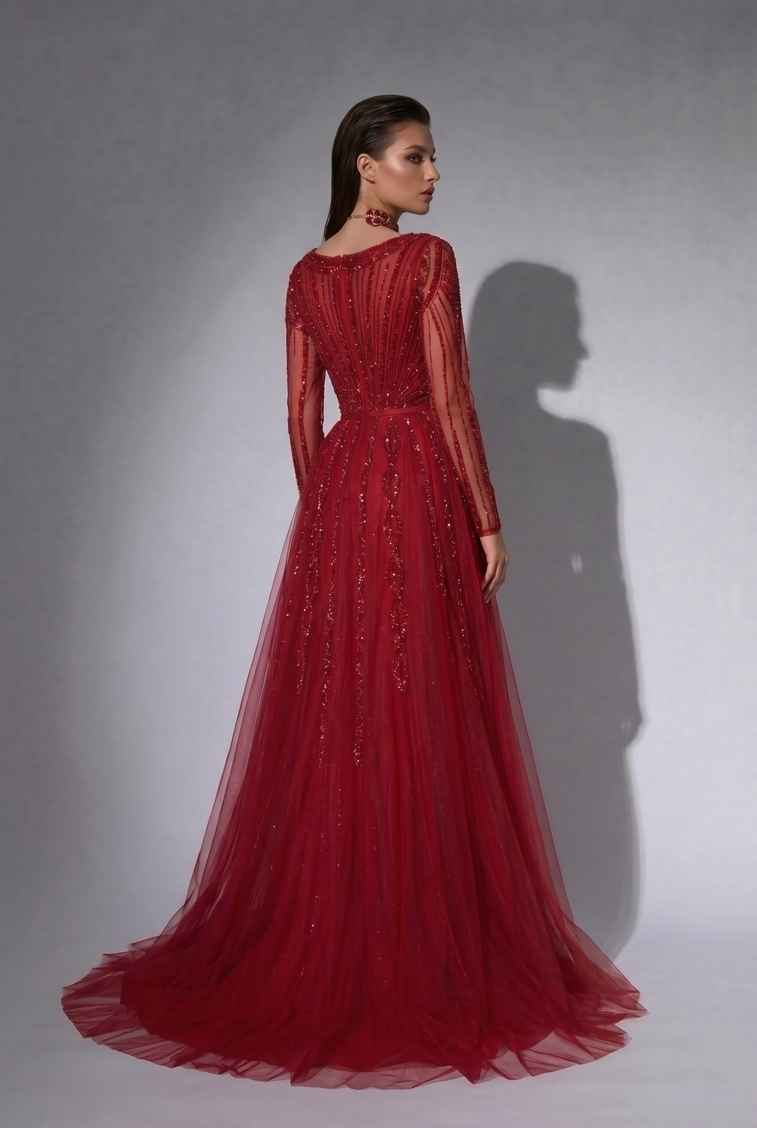 Red Beaded Evening Gown with Long Illusion Sleeves, Detachable Overskirt and Crystal Choker – Formal Dress Plus Size