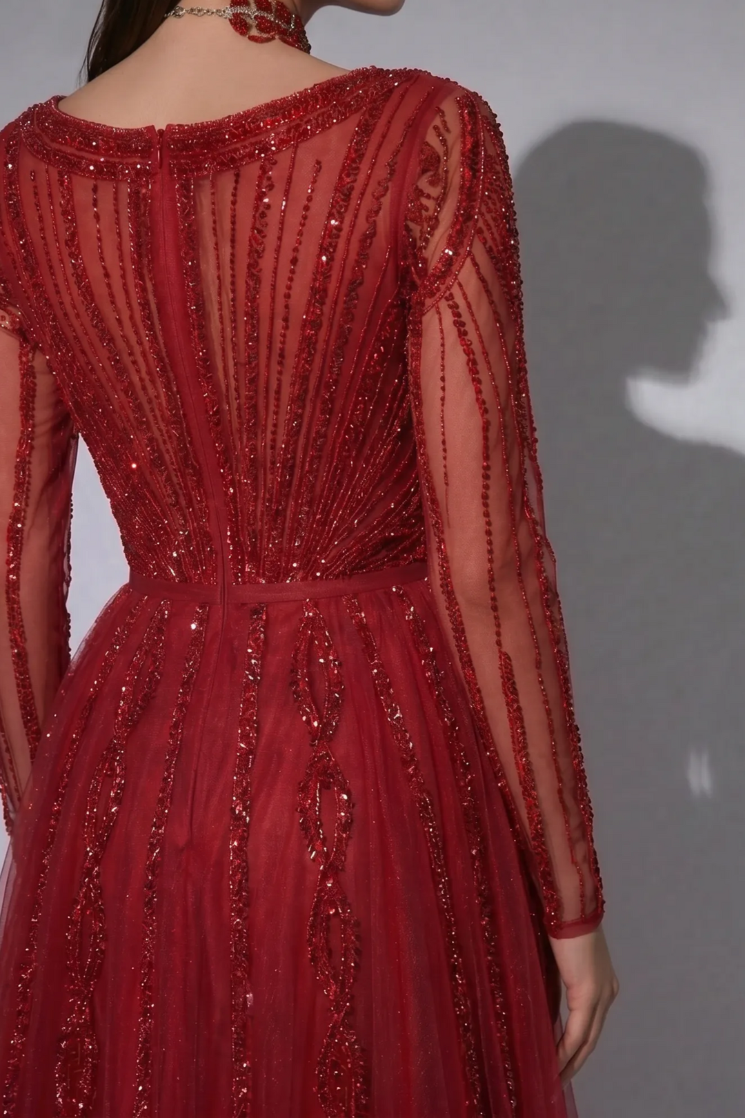 Red Beaded Evening Gown with Long Illusion Sleeves, Detachable Overskirt and Crystal Choker – Formal Dress Plus Size