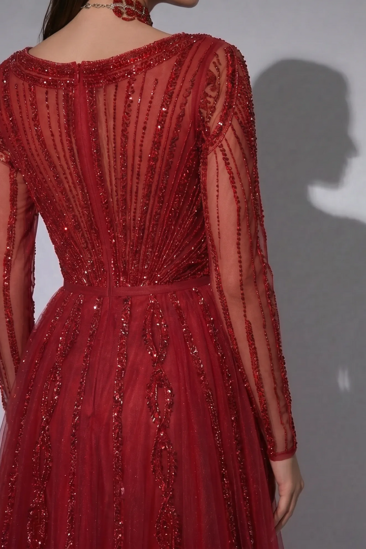 Red Beaded Evening Gown with Long Illusion Sleeves, Detachable Overskirt and Crystal Choker – Formal Dress Plus Size