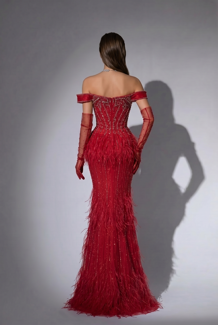 Red Feather Mermaid Evening Gown with Off-the-Shoulder Neckline and Beaded Corset Bodice – Luxury Formal Dress Plus Size