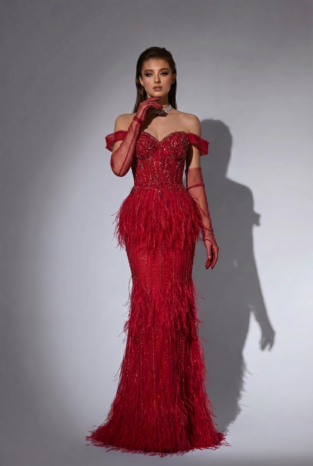 Red Feather Mermaid Evening Gown with Off-the-Shoulder Neckline and Beaded Corset Bodice – Luxury Formal Dress Plus Size