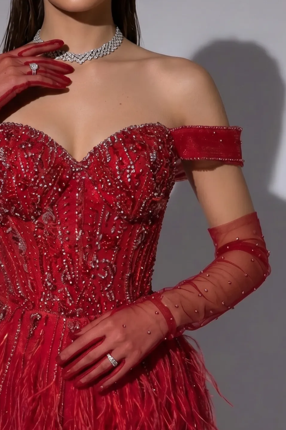 Red Feather Mermaid Evening Gown with Off-the-Shoulder Neckline and Beaded Corset Bodice – Luxury Formal Dress Plus Size