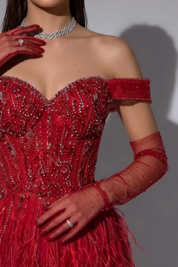 Red Feather Mermaid Evening Gown with Off-the-Shoulder Neckline and Beaded Corset Bodice – Luxury Formal Dress Plus Size