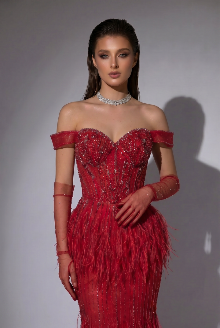 Red Feather Mermaid Evening Gown with Off-the-Shoulder Neckline and Beaded Corset Bodice – Luxury Formal Dress Plus Size