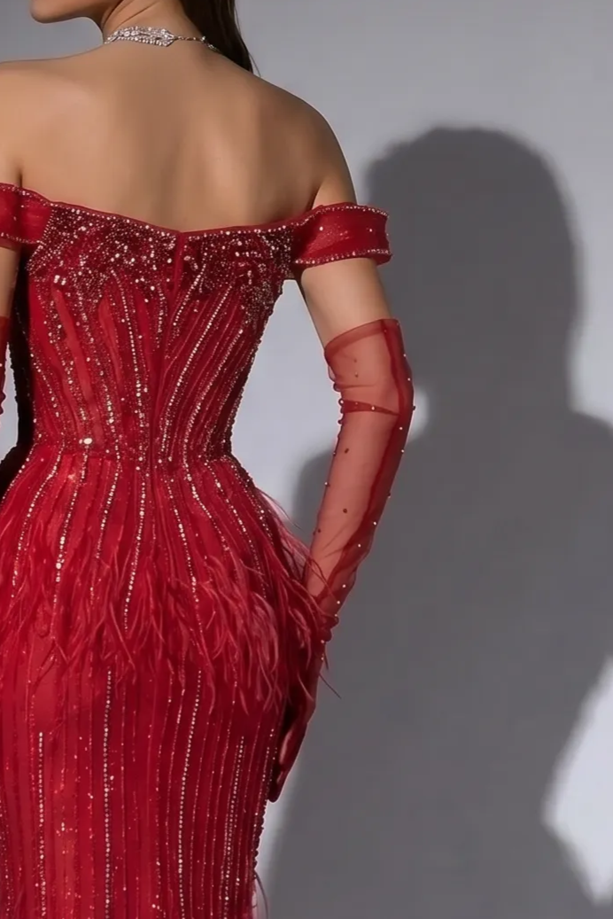 Red Feather Mermaid Evening Gown with Off-the-Shoulder Neckline and Beaded Corset Bodice – Luxury Formal Dress Plus Size