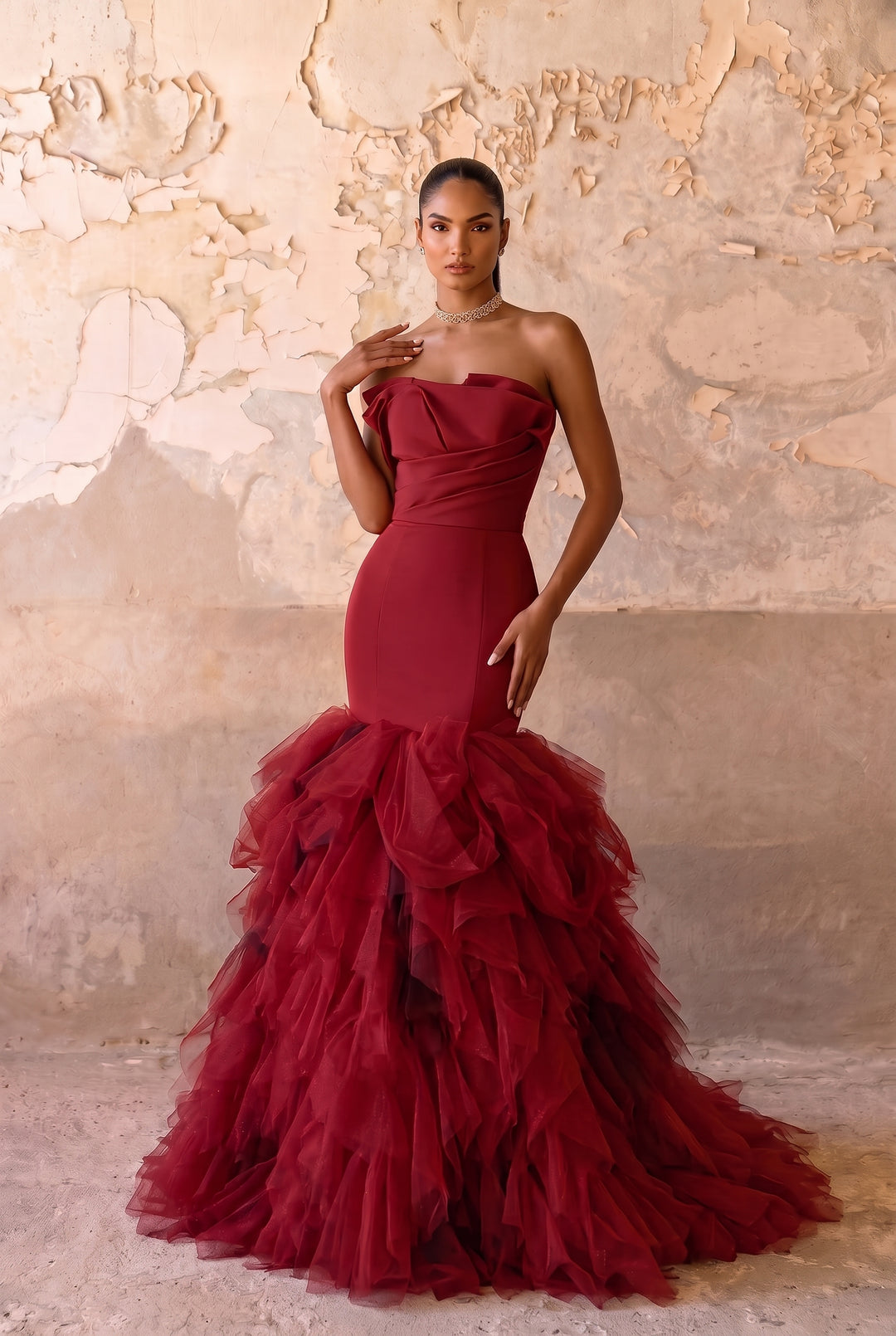 Red Formal Dress with Draped Strapless Bodice - Mermaid Gown with Ruffled Tulle Skirt - Elegant Evening Dress Plus Size