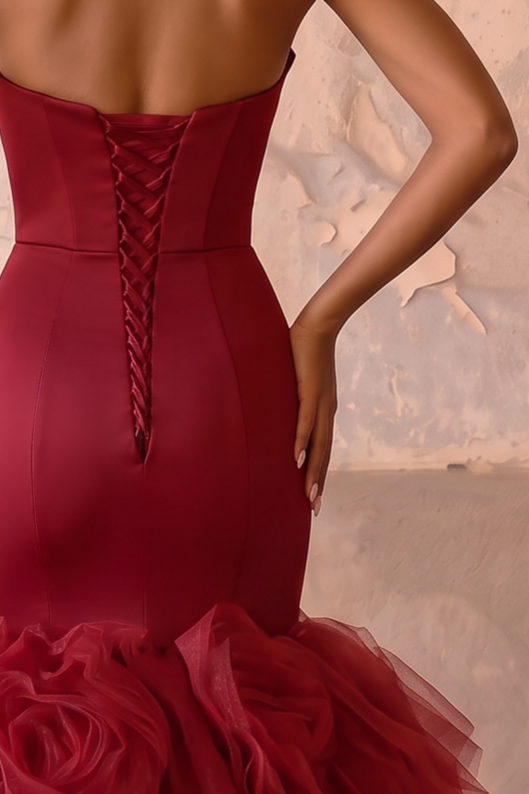 Red Formal Dress with Draped Strapless Bodice - Mermaid Gown with Ruffled Tulle Skirt - Elegant Evening Dress Plus Size