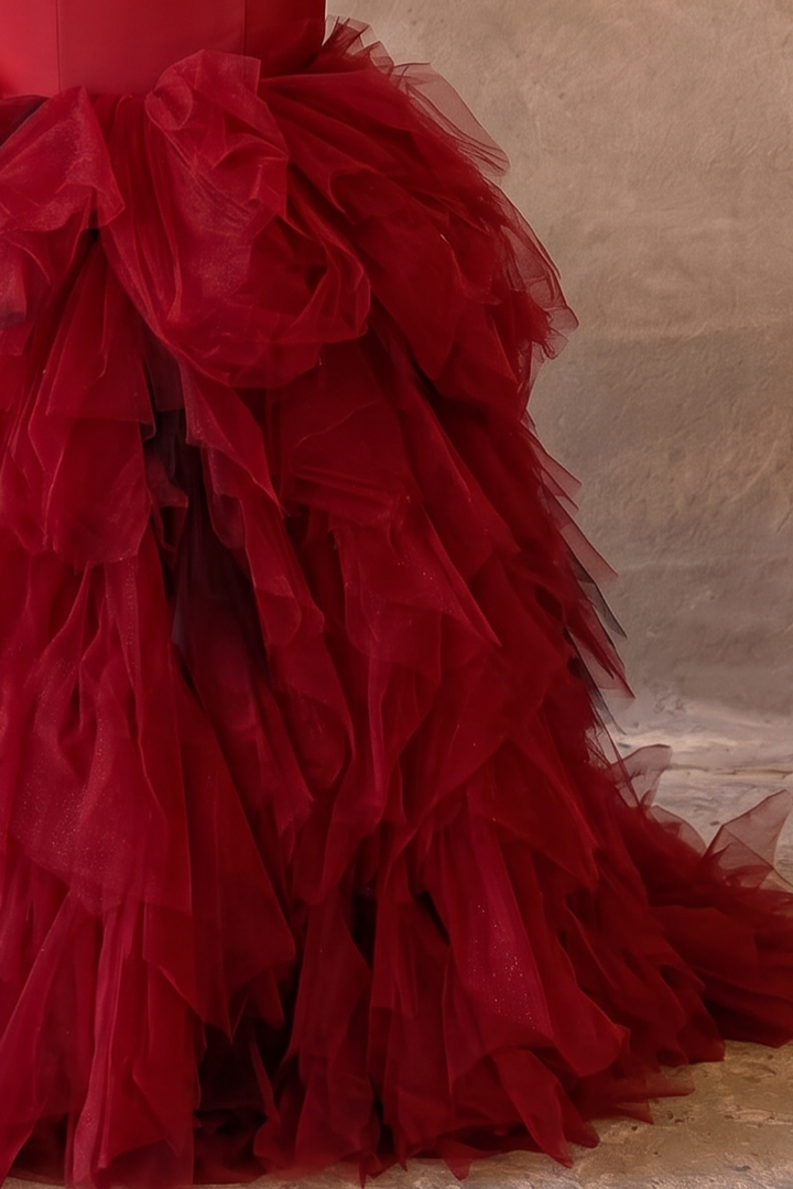 Red Formal Dress with Draped Strapless Bodice - Mermaid Gown with Ruffled Tulle Skirt - Elegant Evening Dress Plus Size