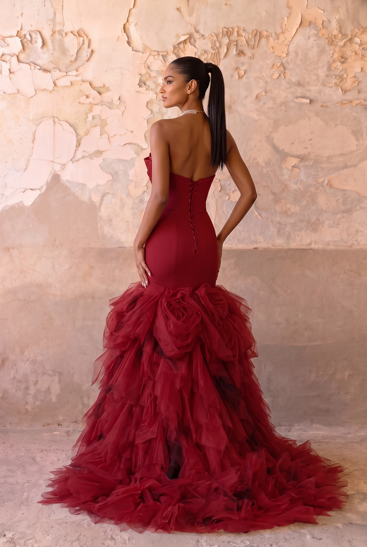 Red Formal Dress with Draped Strapless Bodice - Mermaid Gown with Ruffled Tulle Skirt - Elegant Evening Dress Plus Size