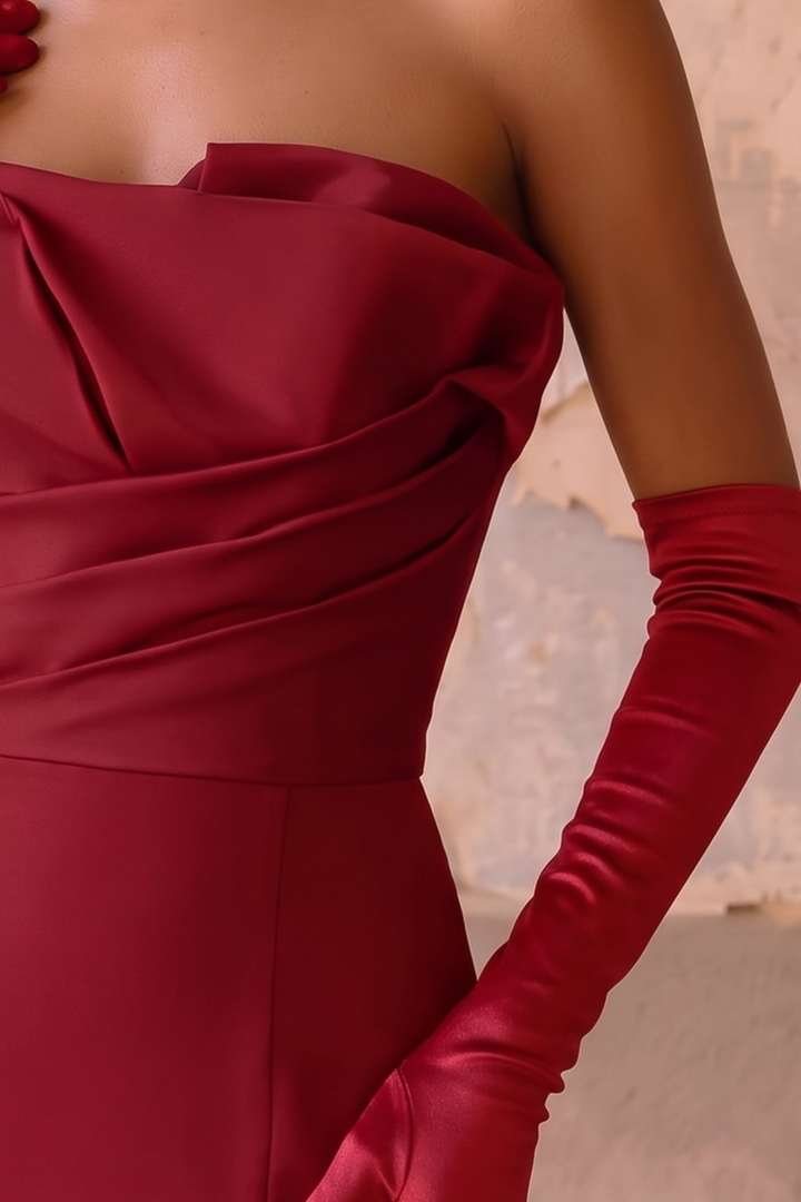 Red Formal Dress with Draped Strapless Bodice - Mermaid Gown with Ruffled Tulle Skirt - Elegant Evening Dress Plus Size