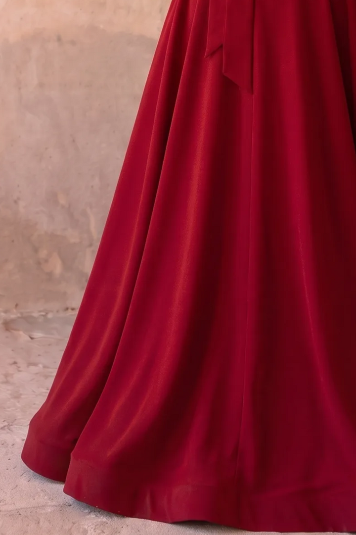 Red Off Shoulder Evening Gown with Floral Appliqué - Elegant A-Line Dress with Draped Sleeves and Neck Scarf - Red Formal Dress Plus Size