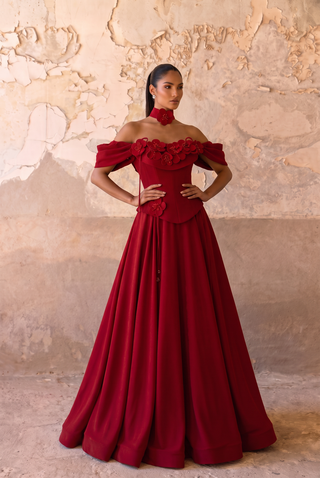 Red Off Shoulder Evening Gown with Floral Appliqué - Elegant A-Line Dress with Draped Sleeves and Neck Scarf - Red Formal Dress Plus Size