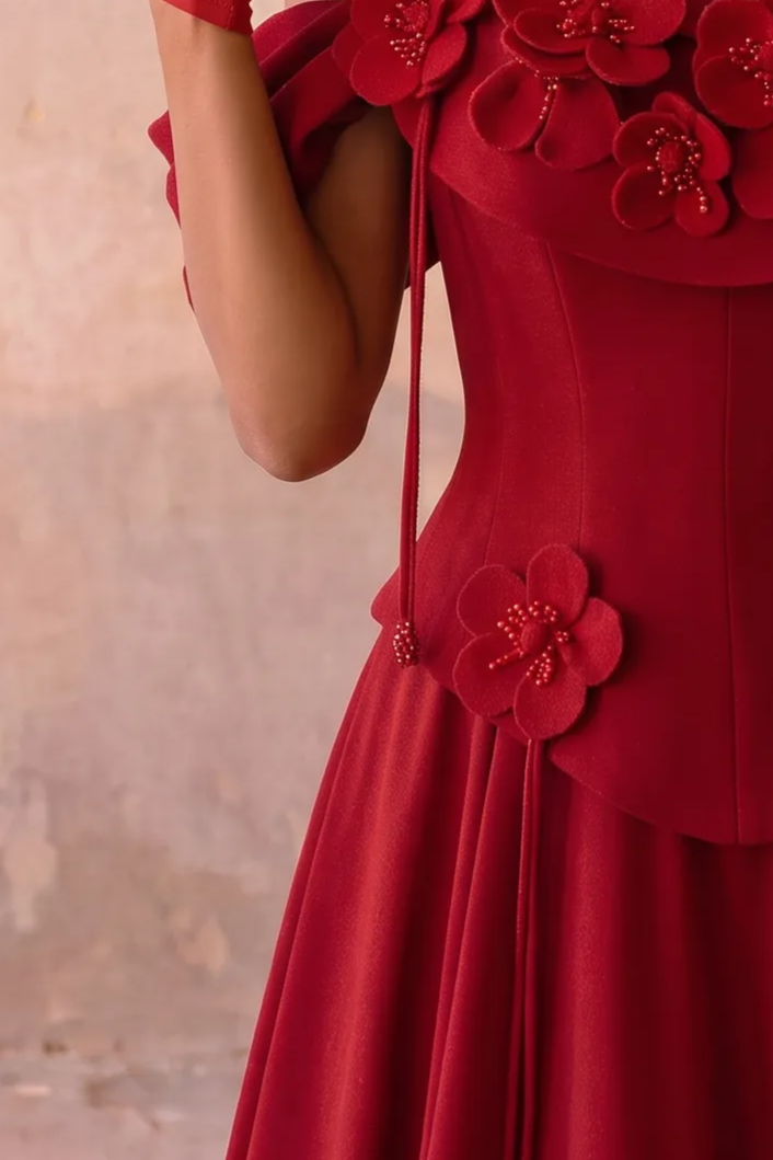 Red Off Shoulder Evening Gown with Floral Appliqué - Elegant A-Line Dress with Draped Sleeves and Neck Scarf - Red Formal Dress Plus Size