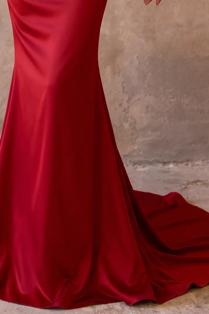 Red Satin Mermaid Evening Gown with Cowl Neckline - Beaded Back Satin Dress with Deep V Back - Red Formal Gown with Train Plus Size